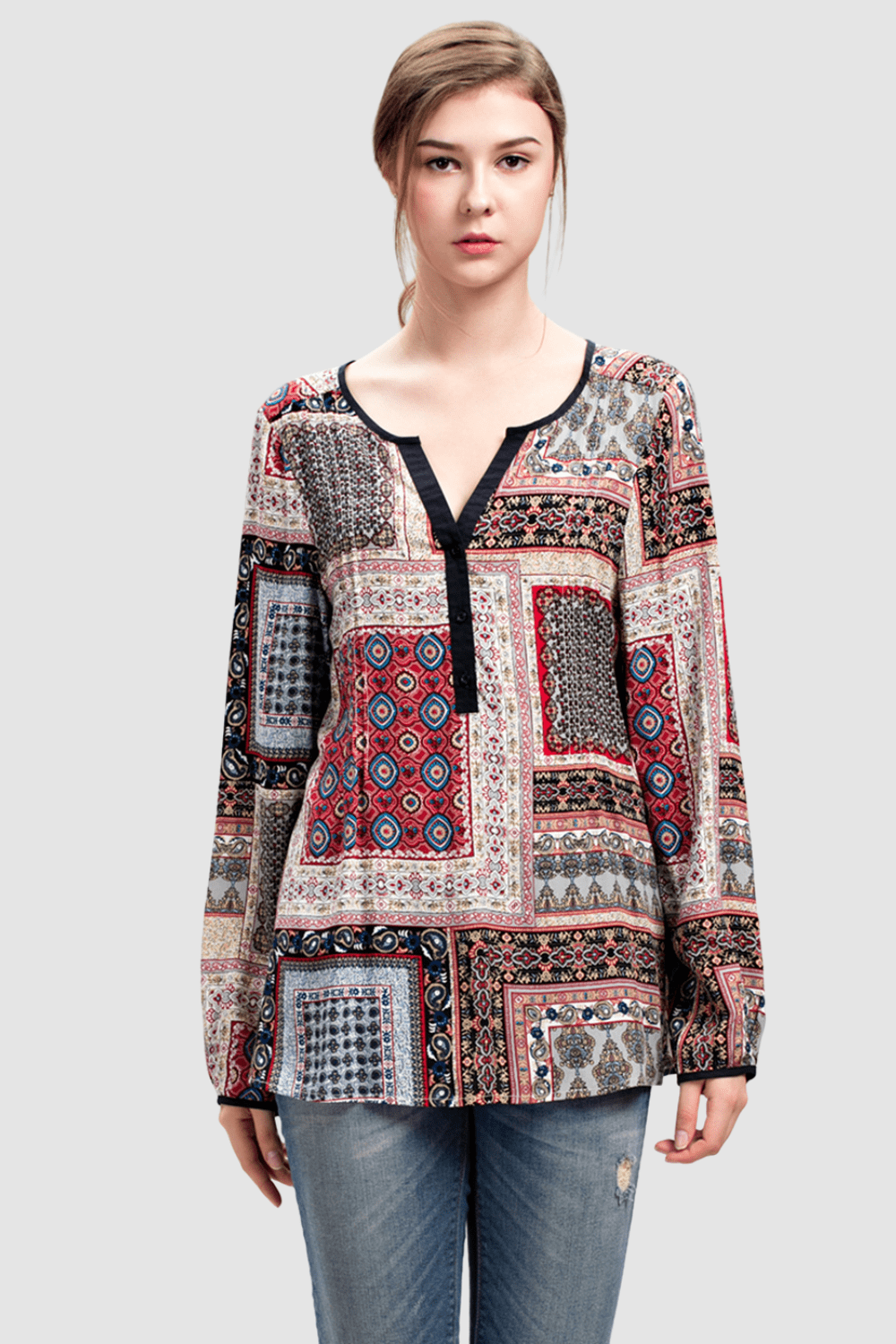 Blusa fluida mujer, camisa patchwork estampada, escote V cuello contraste, manga larga, viscosa ligera, estilo casual elegante, talla 48, colores multicolores variación diseño cómodo ✅Entrega 24/48h
