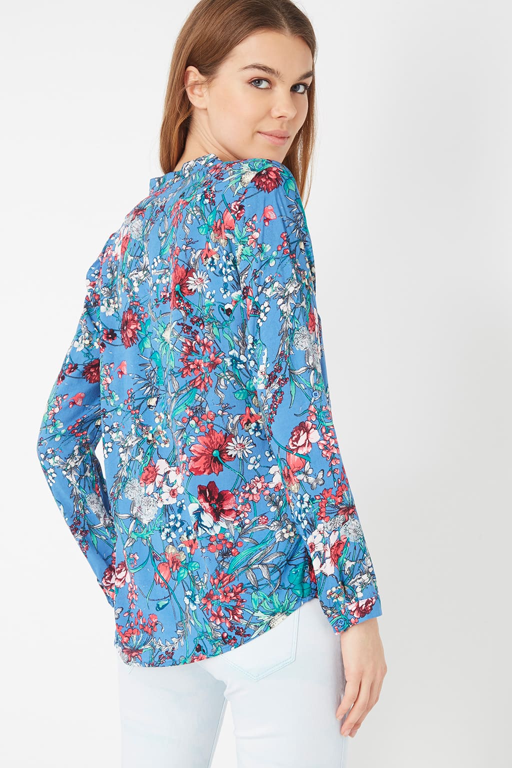 Blusa mujer floral ligera top estampado manga tres cuartos escote v azul fresca transpirable ideal oficina casual combina jeans pantalón talla 38 look moderno versátil cómodo elegante ✅Entrega 24/48h