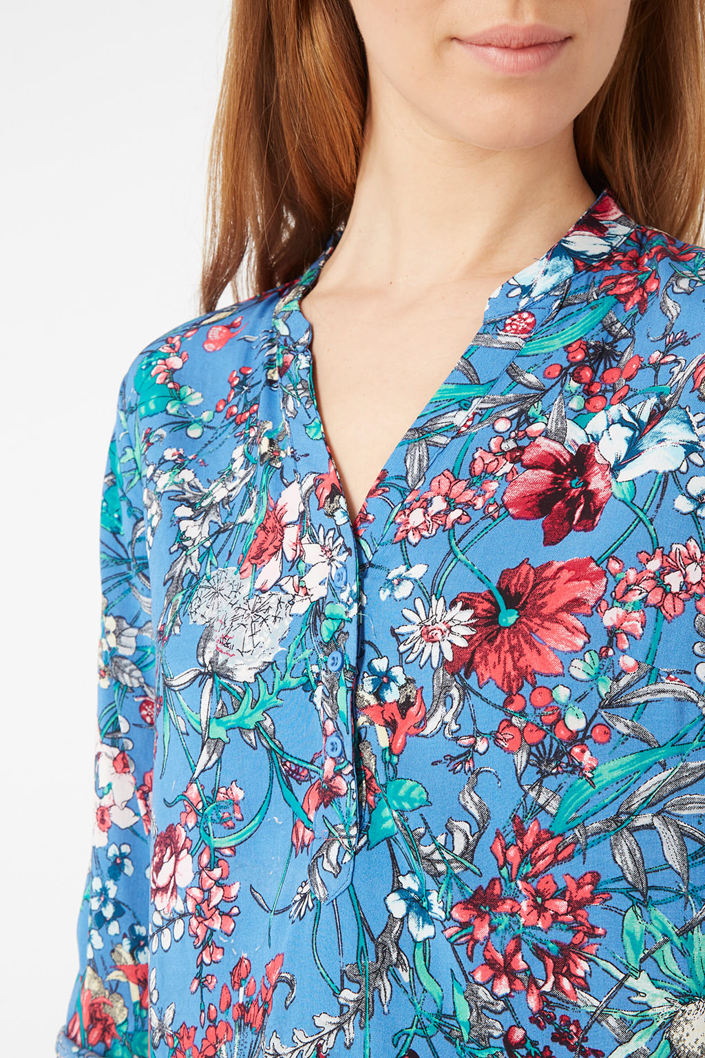 Blusa mujer floral ligera top estampado manga tres cuartos escote v azul fresca transpirable ideal oficina casual combina jeans pantalón talla 38 look moderno versátil cómodo elegante ✅Entrega 24/48h