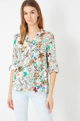 Blusa mujer floral blanca, camisa estampada, diseño manga larga botón, cuello tunecino, fresca cómoda elegante, ideal oficina y casual, talla 38, ✅Entrega 24/48h