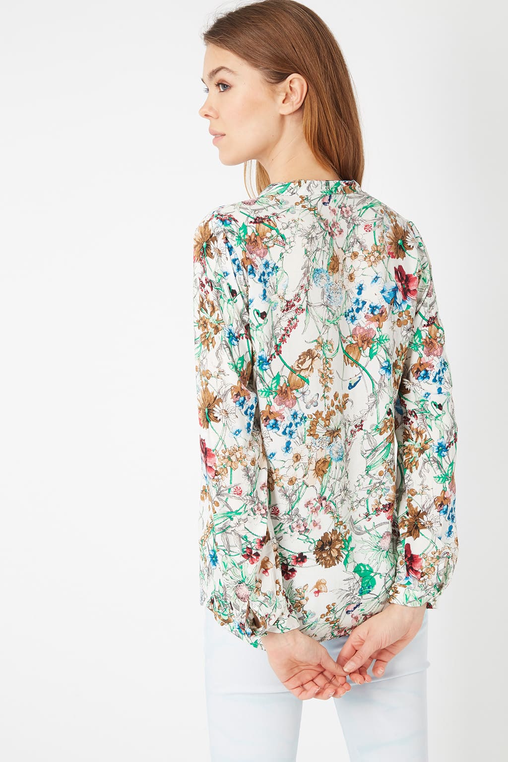 Blusa mujer floral blanca, camisa estampada, diseño manga larga botón, cuello tunecino, fresca cómoda elegante, ideal oficina y casual, talla 38, ✅Entrega 24/48h