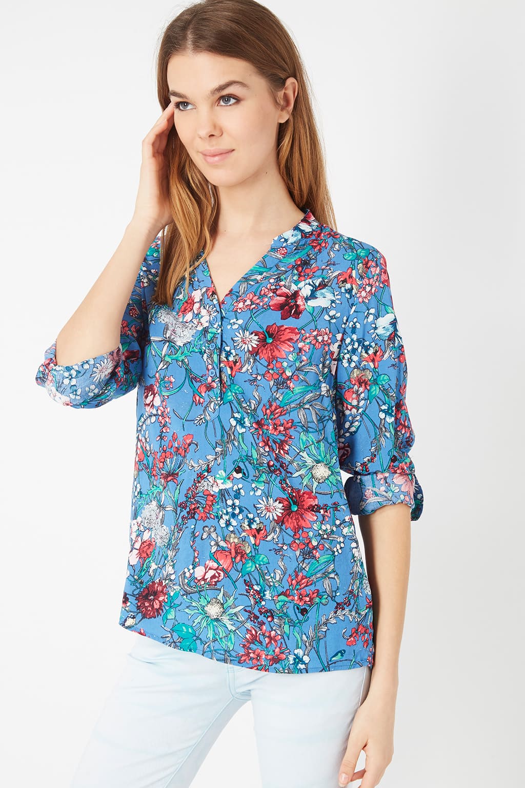 Blusa mujer floral ligera top estampado manga tres cuartos escote v azul fresca transpirable ideal oficina casual combina jeans pantalón talla 38 look moderno versátil cómodo elegante ✅Entrega 24/48h