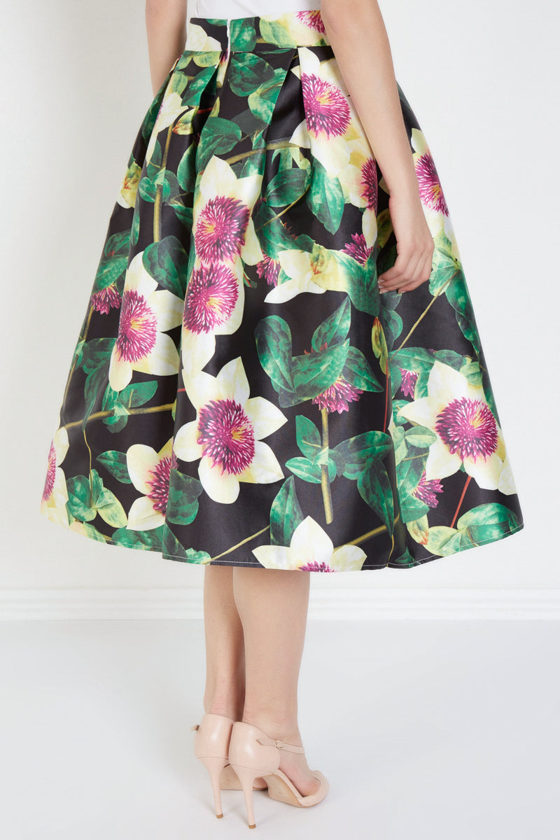 Falda midi elegante satinada floral tropical, skirt outfit, diseño amplio cómodo, fondo negro, ideal oficina eventos, sofisticada moderna, talla 38, fresca y versátil, estampado llamativo, ✅Entrega 24/48h