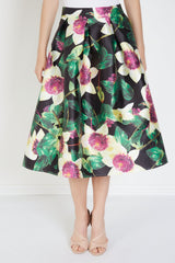 Falda midi elegante satinada floral tropical, skirt outfit, diseño amplio cómodo, fondo negro, ideal oficina eventos, sofisticada moderna, talla 38, fresca y versátil, estampado llamativo, ✅Entrega 24/48h
