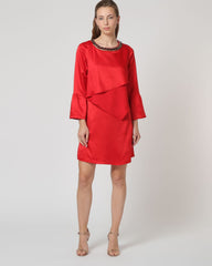 Vestido satinado mujer, dress elegante asimétrico, manga acampanada, detalle pedrería escote, corto, color rojo, talla 38, ideal eventos y fiestas, estilo sofisticado, fácil de combinar, brillo, cómodo, ✅Entrega 24/48h