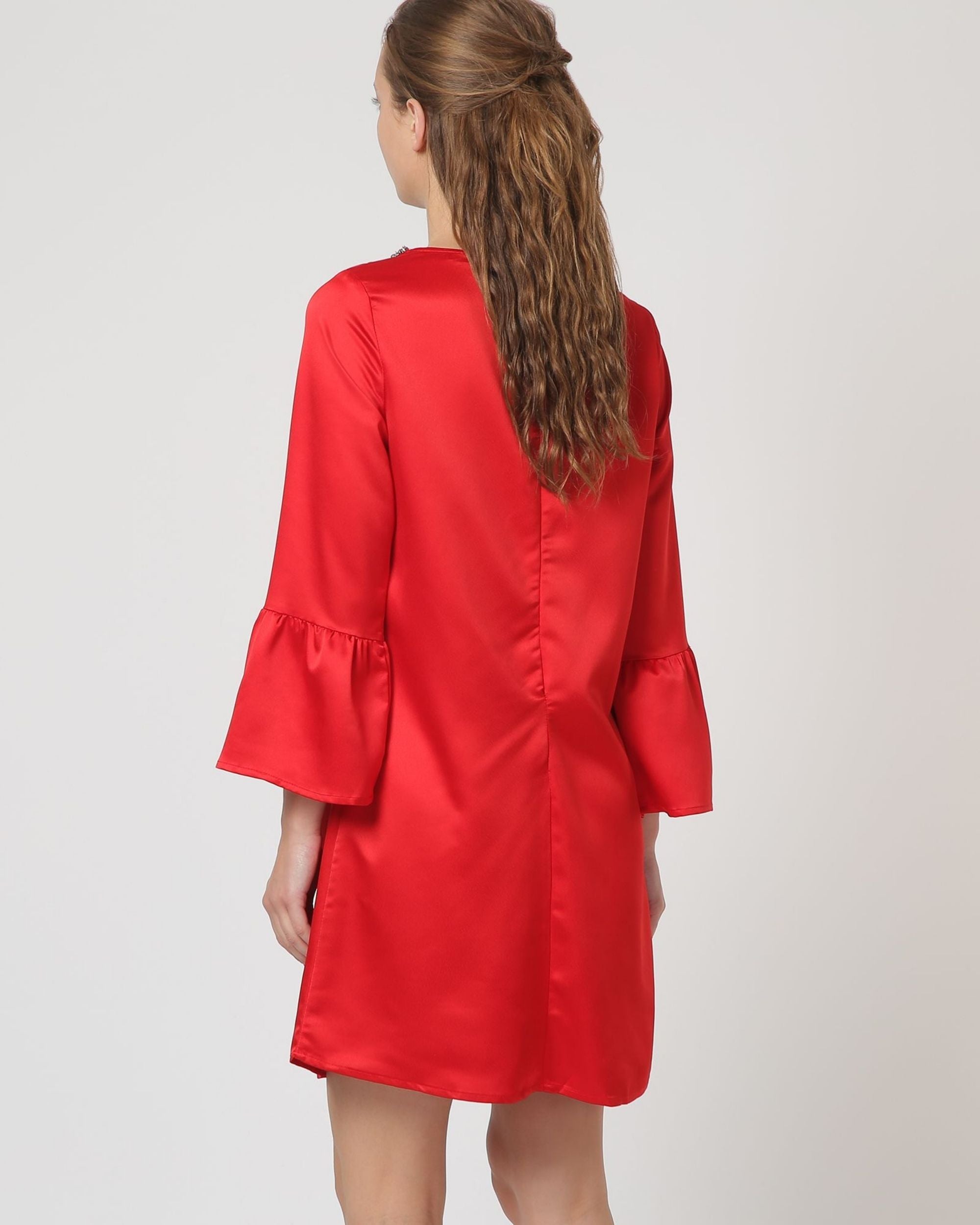 Vestido satinado mujer, dress elegante asimétrico, manga acampanada, detalle pedrería escote, corto, color rojo, talla 38, ideal eventos y fiestas, estilo sofisticado, fácil de combinar, brillo, cómodo, ✅Entrega 24/48h