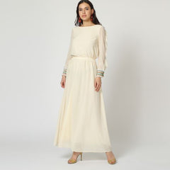 Vestido largo mujer, dress elegante, diseño liso, detalle fruncido en cintura, manga larga, cuello redondo, cierre cremallera invisible, modelo cómodo, estilo versátil, color beige, talla 38 ✅Entrega 24/48h
