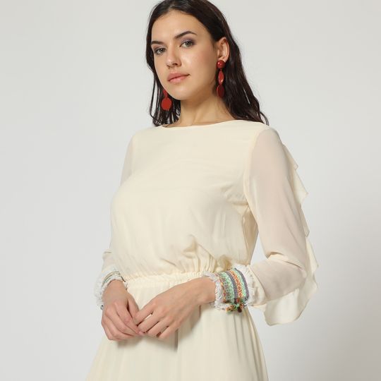 Vestido largo mujer, dress elegante, diseño liso, detalle fruncido en cintura, manga larga, cuello redondo, cierre cremallera invisible, modelo cómodo, estilo versátil, color beige, talla 38 ✅Entrega 24/48h
