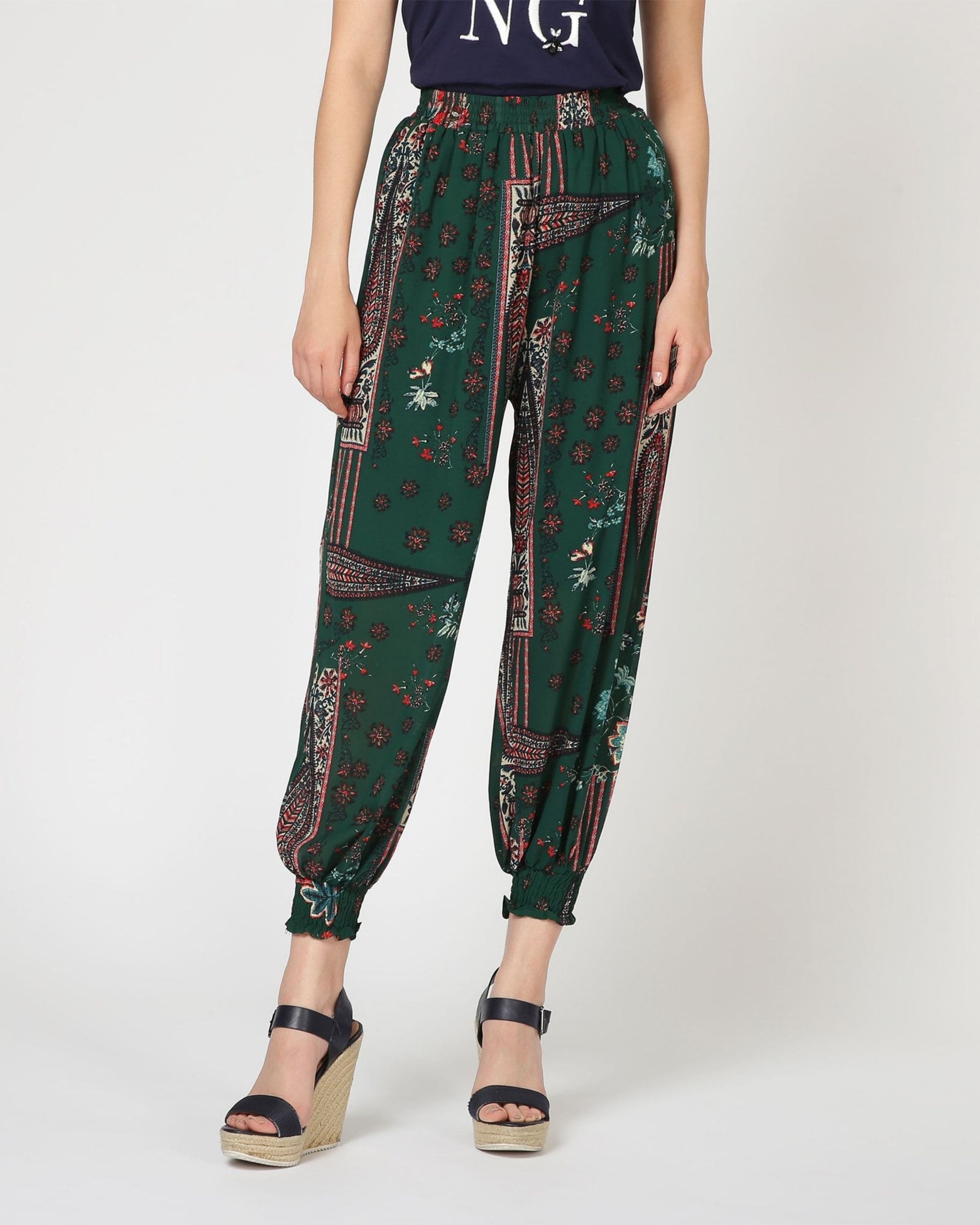 Pantalón mujer fluido floral fantasía Anany, estampado exclusivo, elástico, cintura alta, punto smock bajo, forro integrado, cómodo, estilo casual elegante, verde, talla 38, versátil ✅Entrega 24/48h