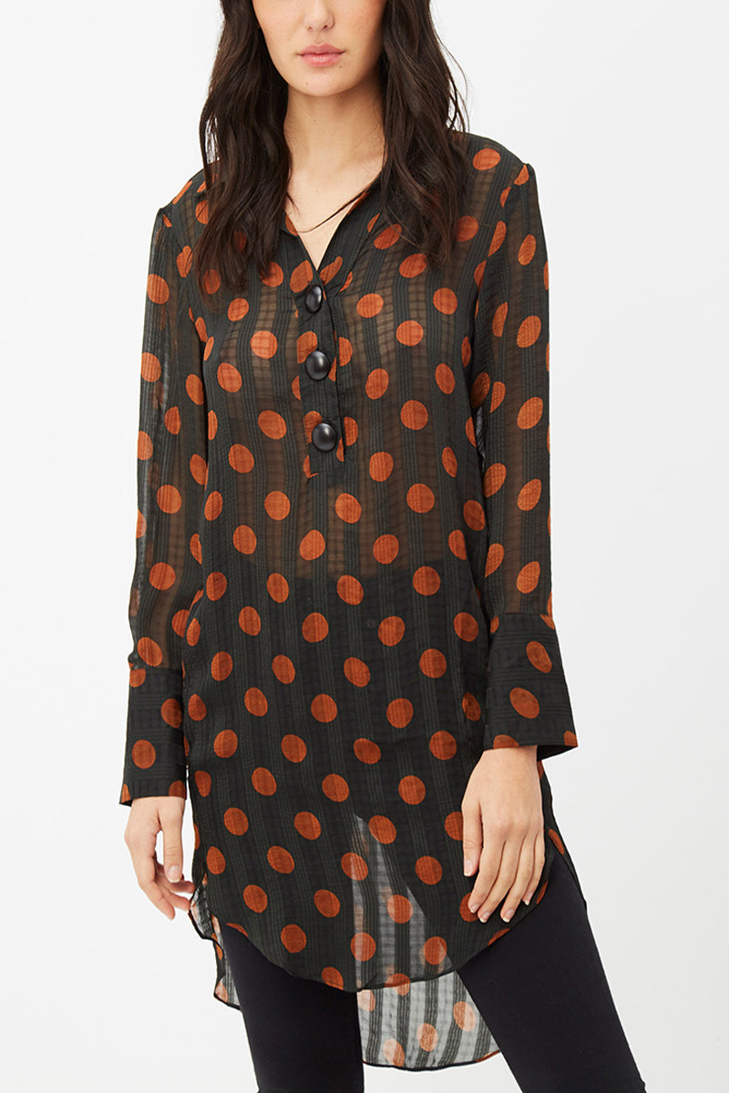 Blusa larga mujer, blusón, top gasa, transparencias, lunares, botones decorativos, corte fluido, manga larga, look elegante, versátil, ligera, talla 38, color negro-marrón, tendencia moda ✅Entrega 24/48h