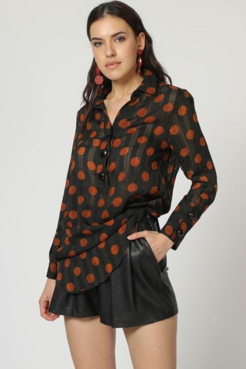 Blusa larga mujer, blusón, top gasa, transparencias, lunares, botones decorativos, corte fluido, manga larga, look elegante, versátil, ligera, talla 38, color negro-marrón, tendencia moda ✅Entrega 24/48h
