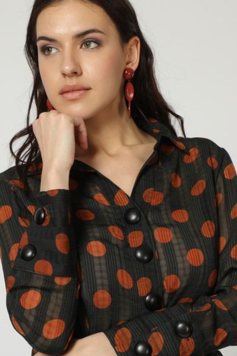 Blusa larga mujer, blusón, top gasa, transparencias, lunares, botones decorativos, corte fluido, manga larga, look elegante, versátil, ligera, talla 38, color negro-marrón, tendencia moda ✅Entrega 24/48h