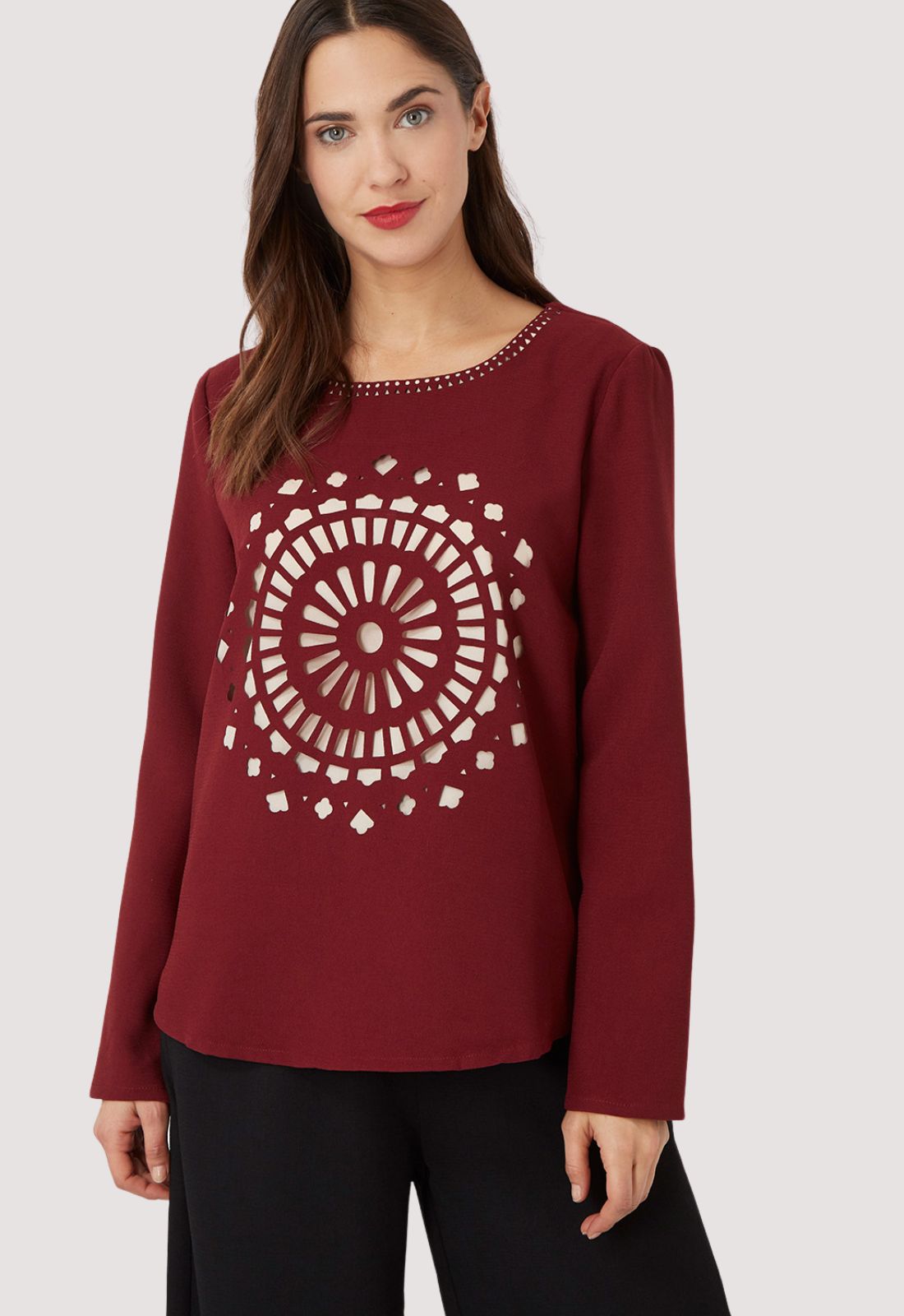Blusa mujer, camisa gasa, manga larga, cuello redondo, forro integrado, estampado geométrico fantasía, aberturas bajo, cierre cremallera trasera, cómoda, elegante, burdeos, talla 38 ✅Entrega 24/48h