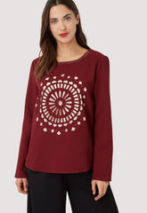 Blusa mujer, camisa gasa, manga larga, cuello redondo, forro integrado, estampado geométrico fantasía, aberturas bajo, cierre cremallera trasera, cómoda, elegante, burdeos, talla 38 ✅Entrega 24/48h