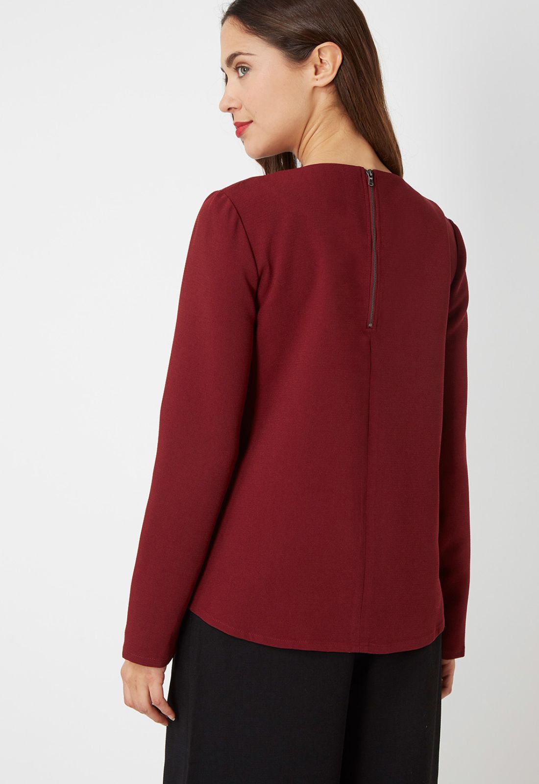 Blusa mujer, camisa gasa, manga larga, cuello redondo, forro integrado, estampado geométrico fantasía, aberturas bajo, cierre cremallera trasera, cómoda, elegante, burdeos, talla 38 ✅Entrega 24/48h