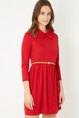 Vestido casual dama, dress, outfit corte evasé, cuello Peter Pan, manga tres cuartos, cinturón ajustable, tejido suave, color rojo, talla 38, comodidad, versatilidad, ideal oficina eventos, elegante femenina ✅Entrega 24/48h