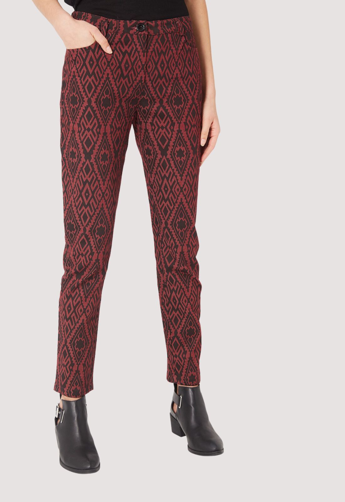 Pantalón mujer slim fit, pants estampado geométrico, tiro medio, tejido suave, corte entallado, estilo sofisticado, burdeos, talla 38, cómodo, versátil oficina y salidas, beneficios elegancia y confort, ✅Entrega 24/48h