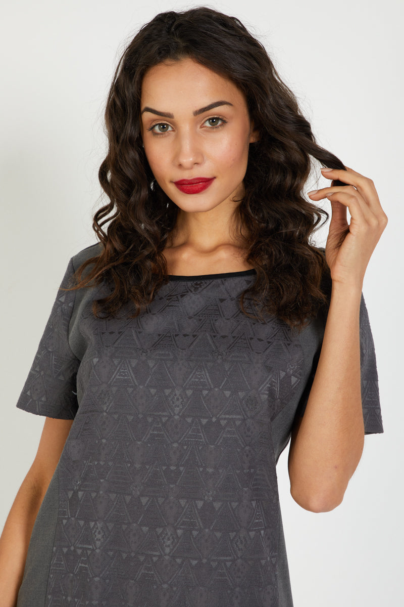 Vestido corto mujer, dress Anany AN-130134 manga corta, cuello redondo, bordado elegante, cierre cremallera trasera, cómodo, estilo casual elegante, color gris, talla 38 ✅Entrega 24/48h