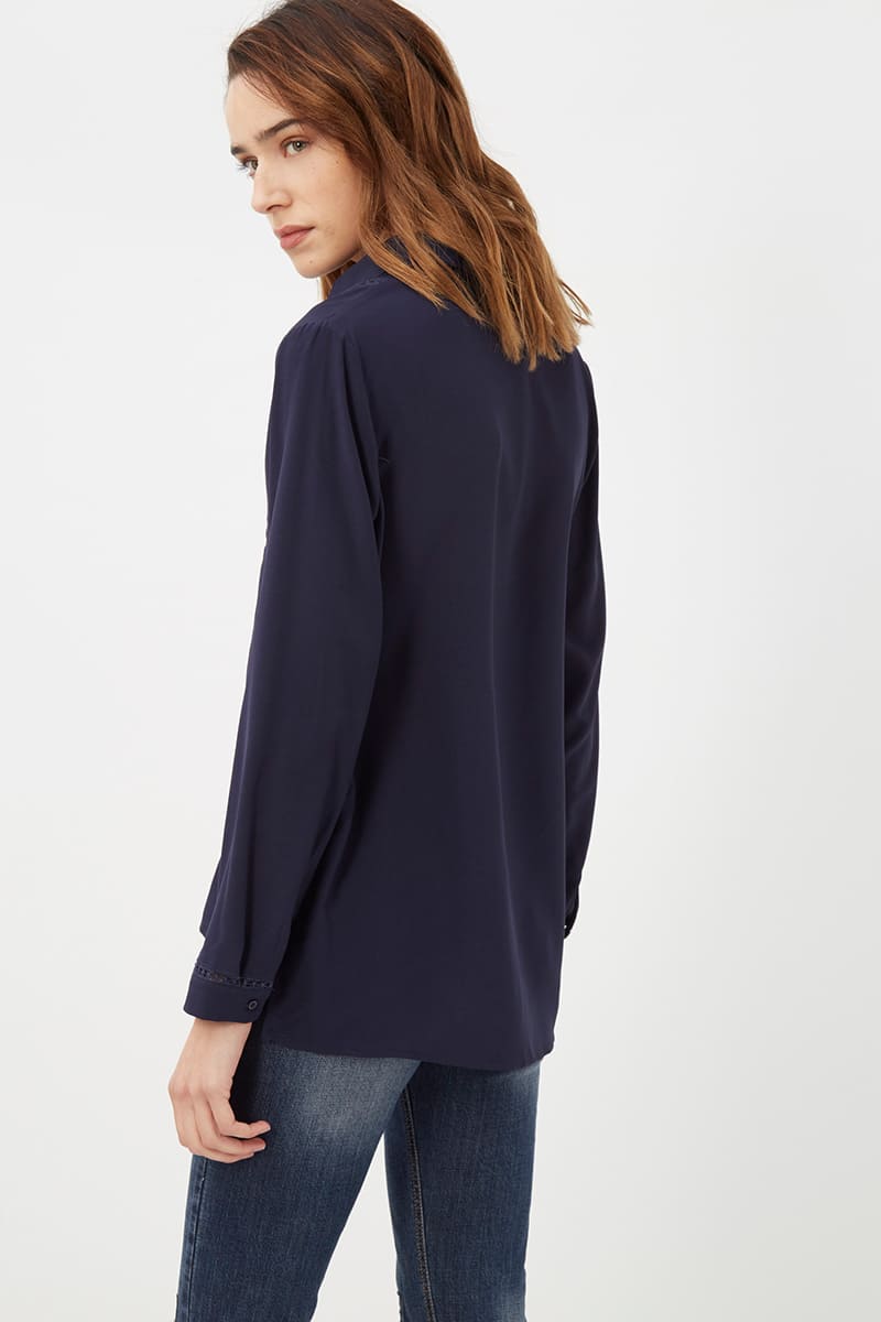 Blusa mujer, camisa formal casual, manga larga, escote V, detalles bordados, tejido suave, fácil combinar jeans falda, azul marino, talla 38, look elegante versátil oficina y diario, 40 colores diferentes ✅Entrega 24/48h
