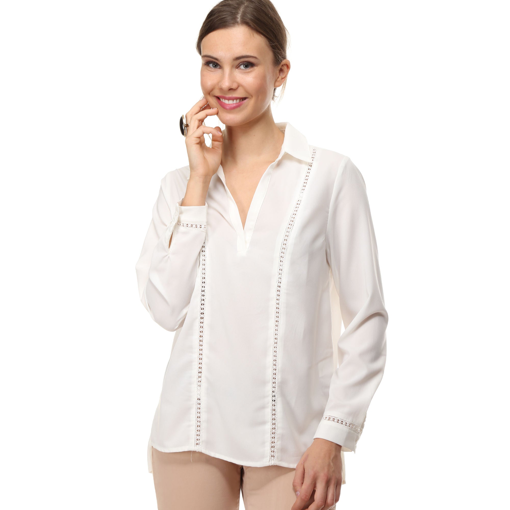 Blusa camisa mujer blanca AN-130329 diseño liso, bordados delanteros, manga larga, cuello clásico, cierre botones, elegante, cómoda, ideal oficina, talla 38, blanco ✅Entrega 24/48h