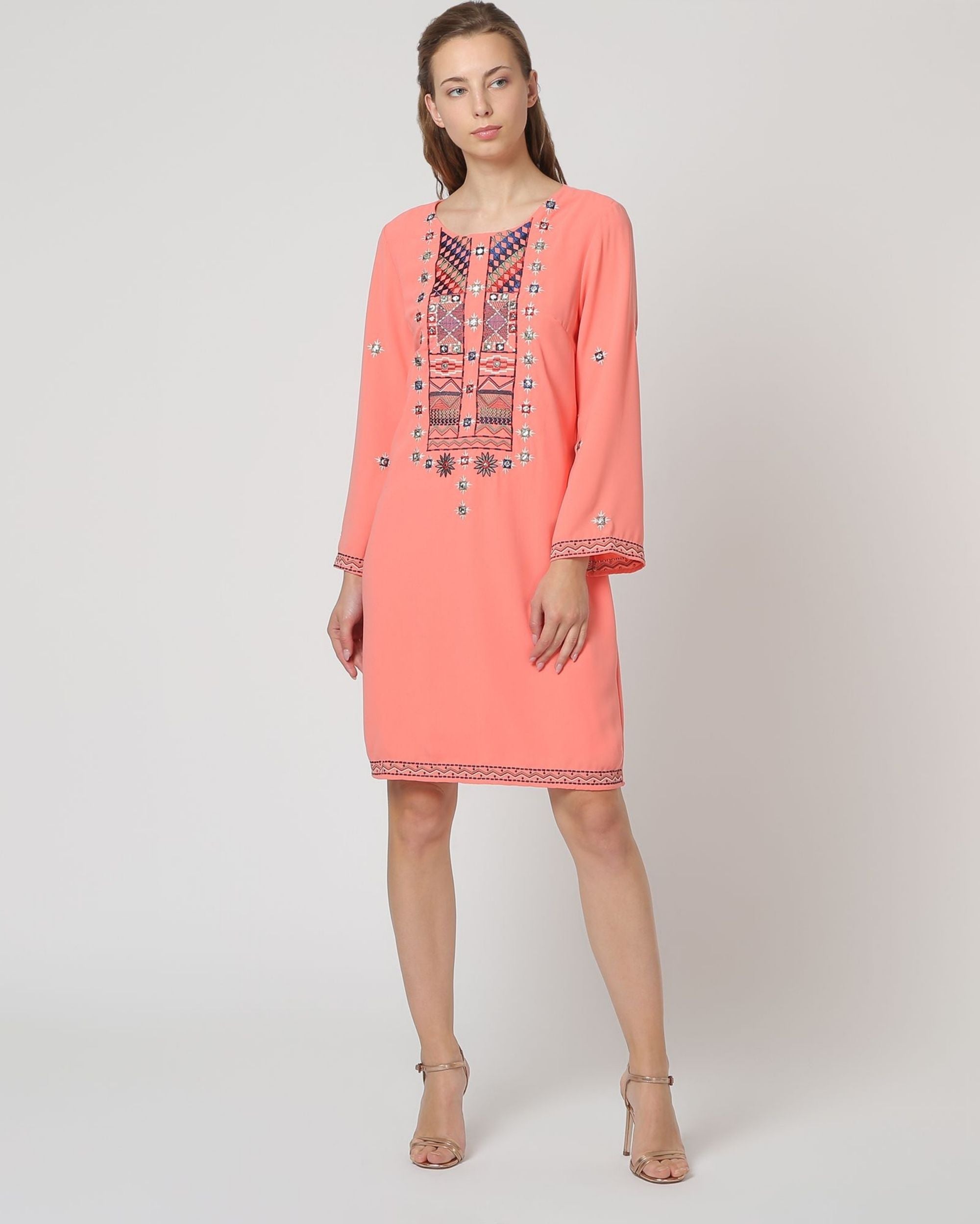 Vestido corto mujer, dress elegante corte recto, detalles bordados y strass, escote redondo, cierre cremallera, forro interior, poliéster, manga larga, color coral oscuro multicolor, talla 38, cómodo versátil elegante ✅Entrega 24/48h