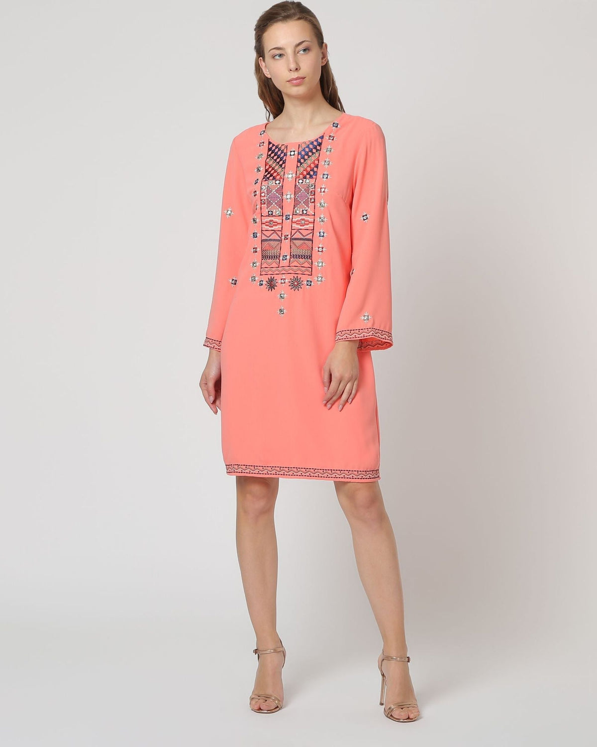 Vestido corto mujer, dress elegante corte recto, detalles bordados y strass, escote redondo, cierre cremallera, forro interior, poliéster, manga larga, color coral oscuro multicolor, talla 38, cómodo versátil elegante ✅Entrega 24/48h