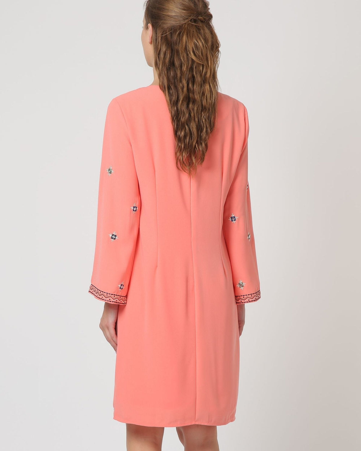 Vestido corto mujer, dress elegante corte recto, detalles bordados y strass, escote redondo, cierre cremallera, forro interior, poliéster, manga larga, color coral oscuro multicolor, talla 38, cómodo versátil elegante ✅Entrega 24/48h