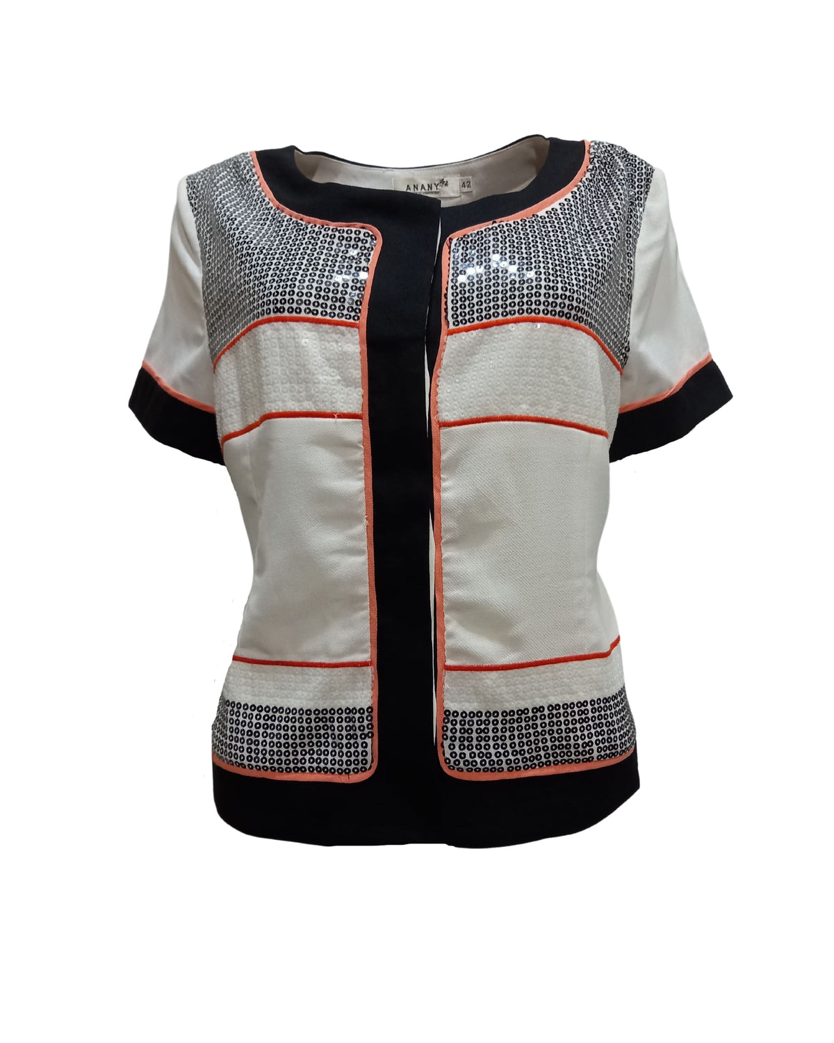 Chaqueta mujer blanca lentejuelas, short jacket, manga corta, cuello redondo, cierre botones, forro integrado, elegante, talla 38, perfecta eventos, cómoda, tendencia 2024, estilo moderno, ✅Entrega 24/48h