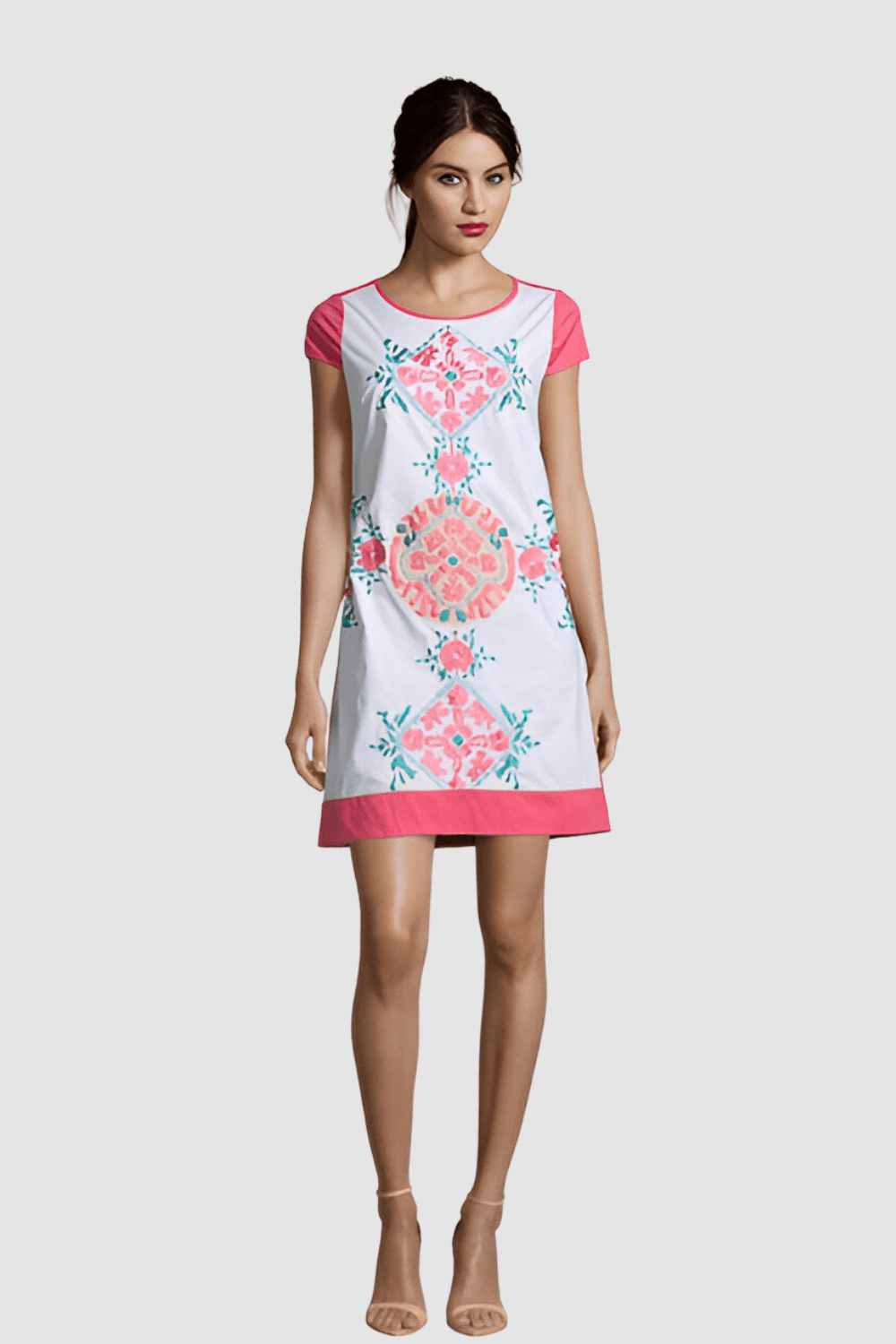 Vestido recto mujer dress outfit Anany AN-160178 manga corta cuello redondo bordado contraste cierre cremallera forro integrado elegante cómodo talla 38 rosa ✅Entrega 24/48h