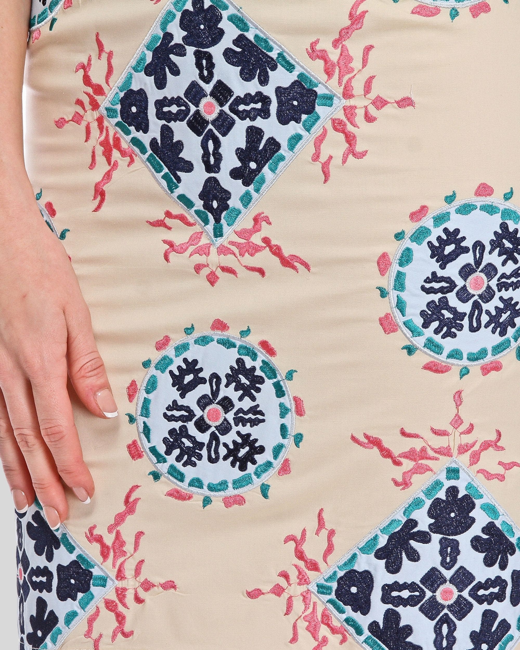 Falda recta mujer, falda lápiz, diseño bordado azul, algodón cómodo, abertura trasera, cierre cremallera y botón, única talla 38, casual elegante, ideal oficina y eventos - Beige ✅Entrega 24/48h