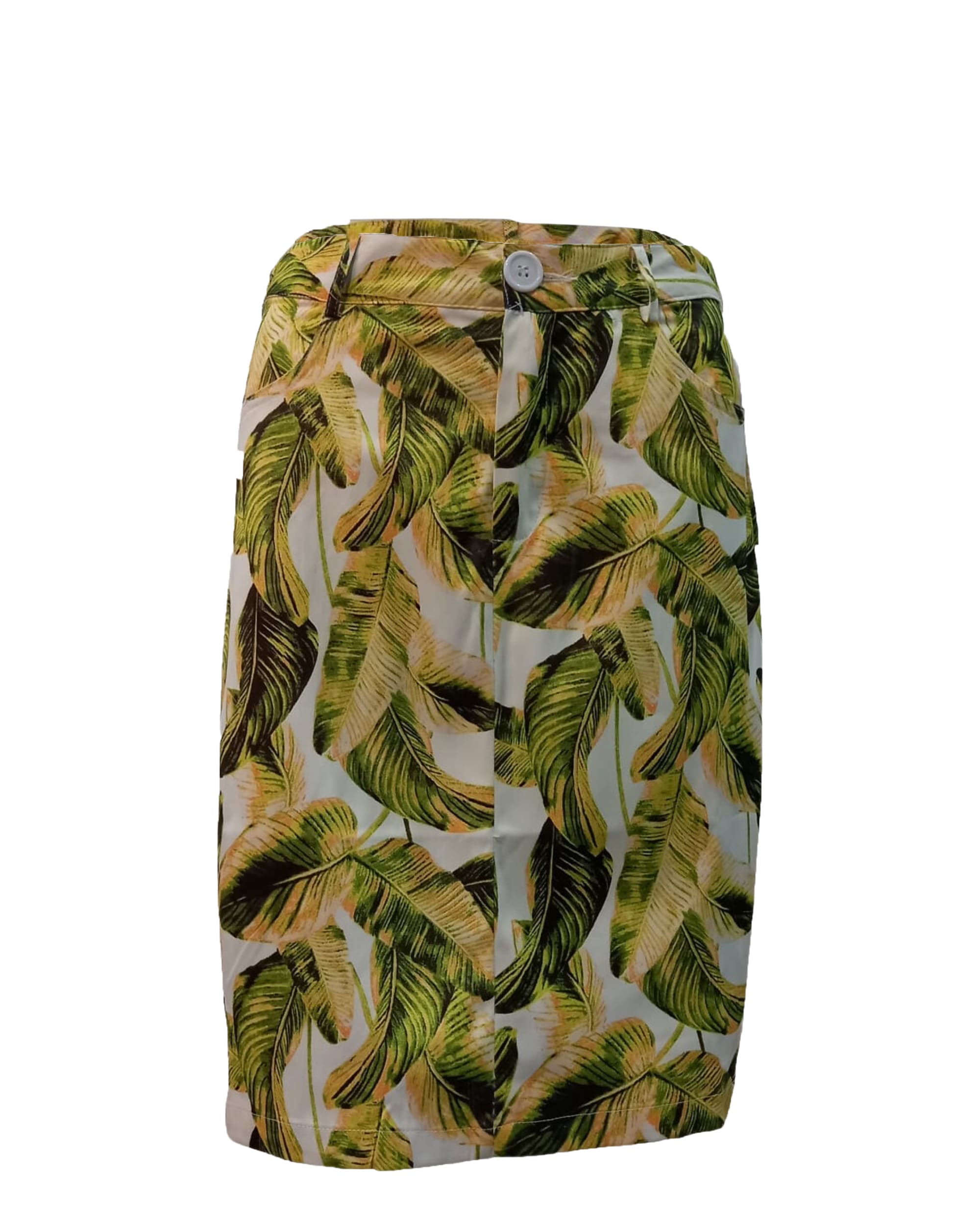 Falda corta mujer tropical outfit lazo satinado marrón, estampado hojas verdes, estilo moderno, fresca y versátil, perfecta looks casuales verano, talla 38, combina blusas y sandalias. ✅Entrega 24/48h