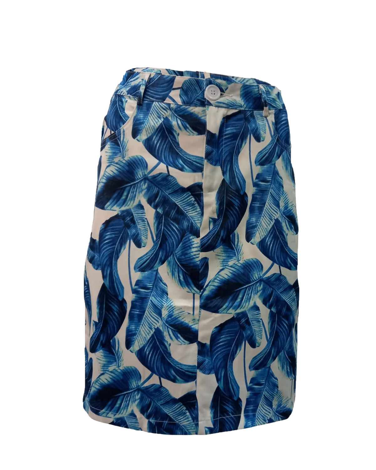 Falda lápiz, recta, pencil skirt, estampado hojas tropicales, talle alto, botón decorativo, fresca, ligera, azul, fondo claro, ideal oficina, evento, casual, talla 38, combina fácil, 38 colores disponibles, ✅Entrega 24/48h