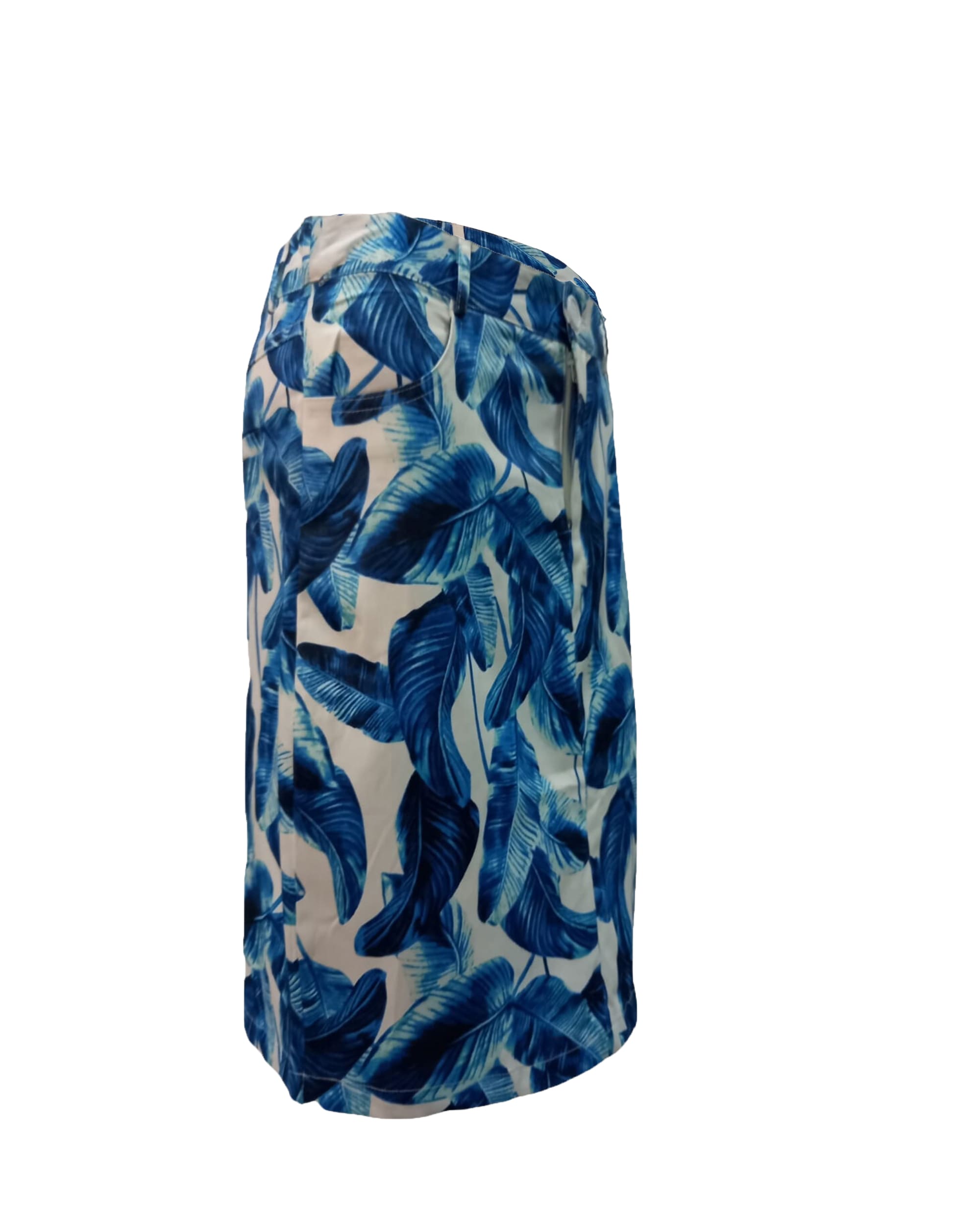 Falda lápiz, recta, pencil skirt, estampado hojas tropicales, talle alto, botón decorativo, fresca, ligera, azul, fondo claro, ideal oficina, evento, casual, talla 38, combina fácil, 38 colores disponibles, ✅Entrega 24/48h