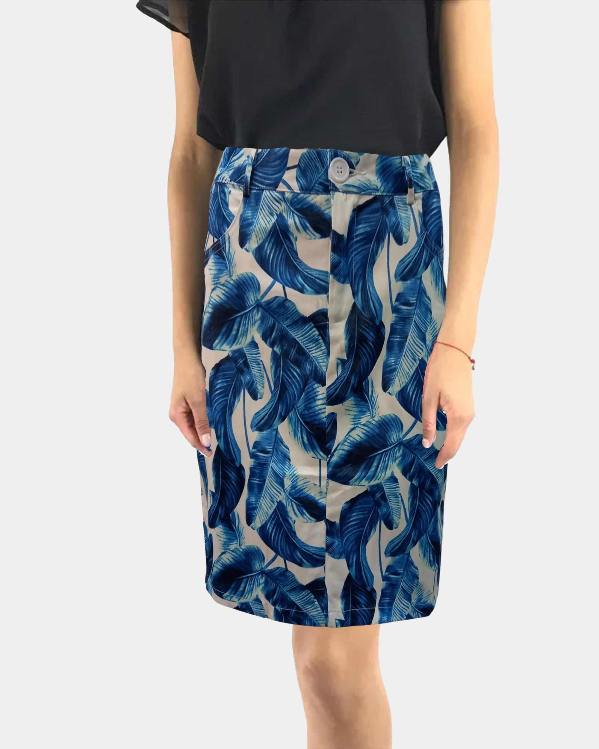 Falda lápiz, recta, pencil skirt, estampado hojas tropicales, talle alto, botón decorativo, fresca, ligera, azul, fondo claro, ideal oficina, evento, casual, talla 38, combina fácil, 38 colores disponibles, ✅Entrega 24/48h