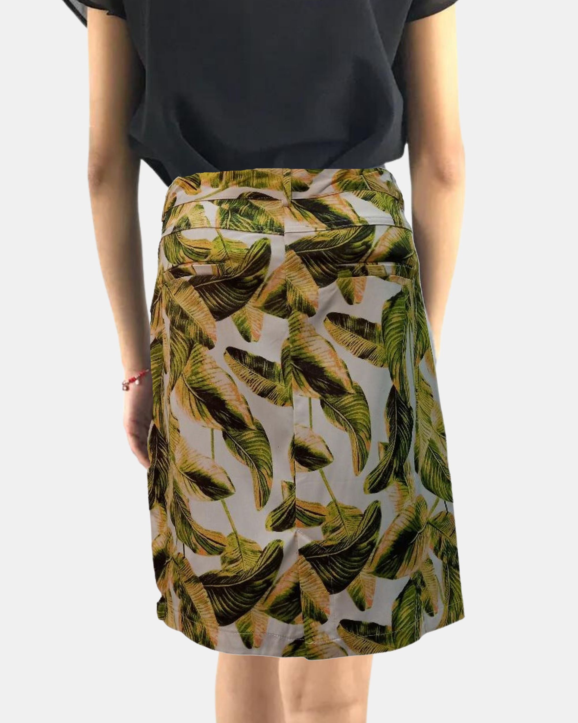 Falda corta mujer tropical outfit lazo satinado marrón, estampado hojas verdes, estilo moderno, fresca y versátil, perfecta looks casuales verano, talla 38, combina blusas y sandalias. ✅Entrega 24/48h