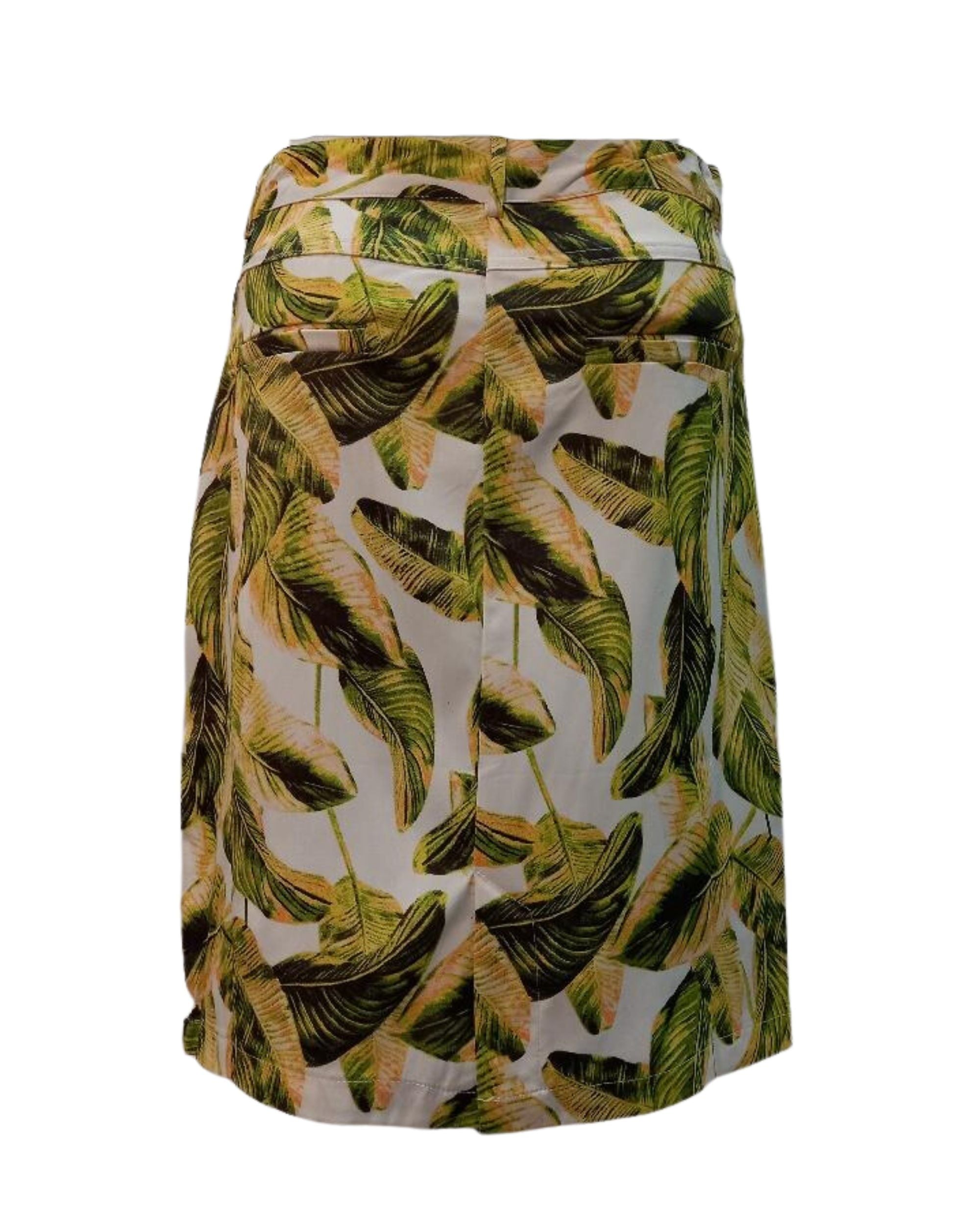 Falda corta mujer tropical outfit lazo satinado marrón, estampado hojas verdes, estilo moderno, fresca y versátil, perfecta looks casuales verano, talla 38, combina blusas y sandalias. ✅Entrega 24/48h