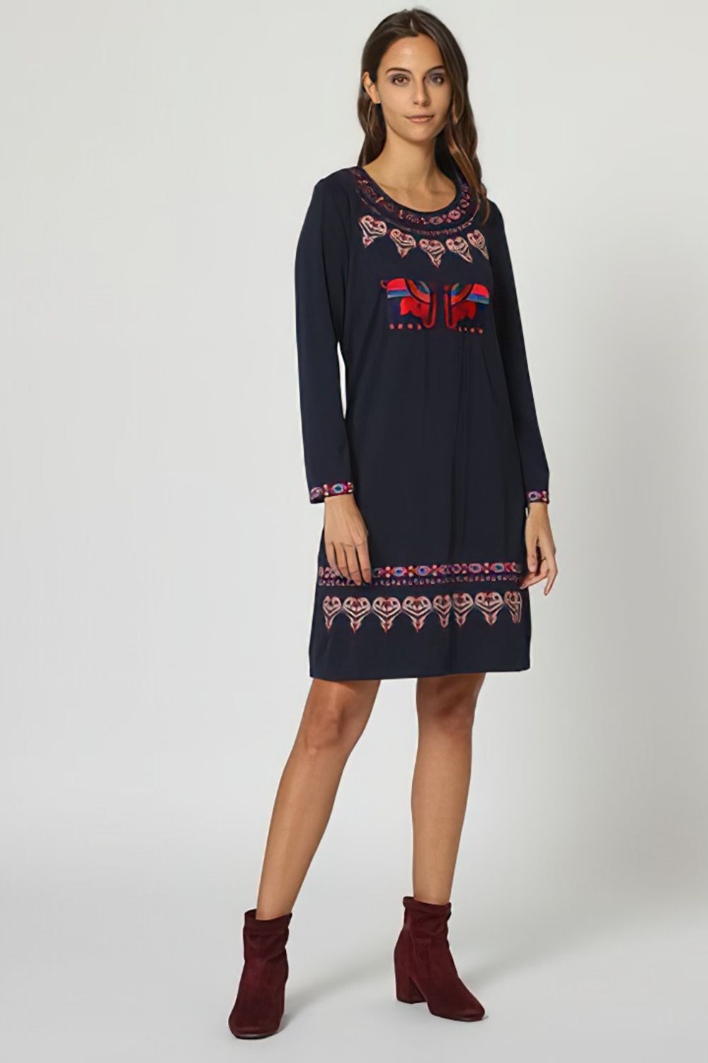 Vestido bohemio, dress bordado artesanal manga larga cuello redondo azul marino talla 38, moderno cómodo versátil, ideal eventos casuales urbanos, bordado étnico, look fresco, moda femenina ✅Entrega 24/48h