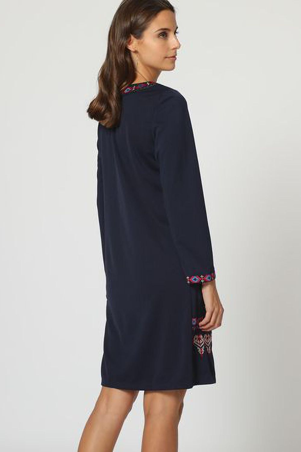 Vestido bohemio, dress bordado artesanal manga larga cuello redondo azul marino talla 38, moderno cómodo versátil, ideal eventos casuales urbanos, bordado étnico, look fresco, moda femenina ✅Entrega 24/48h