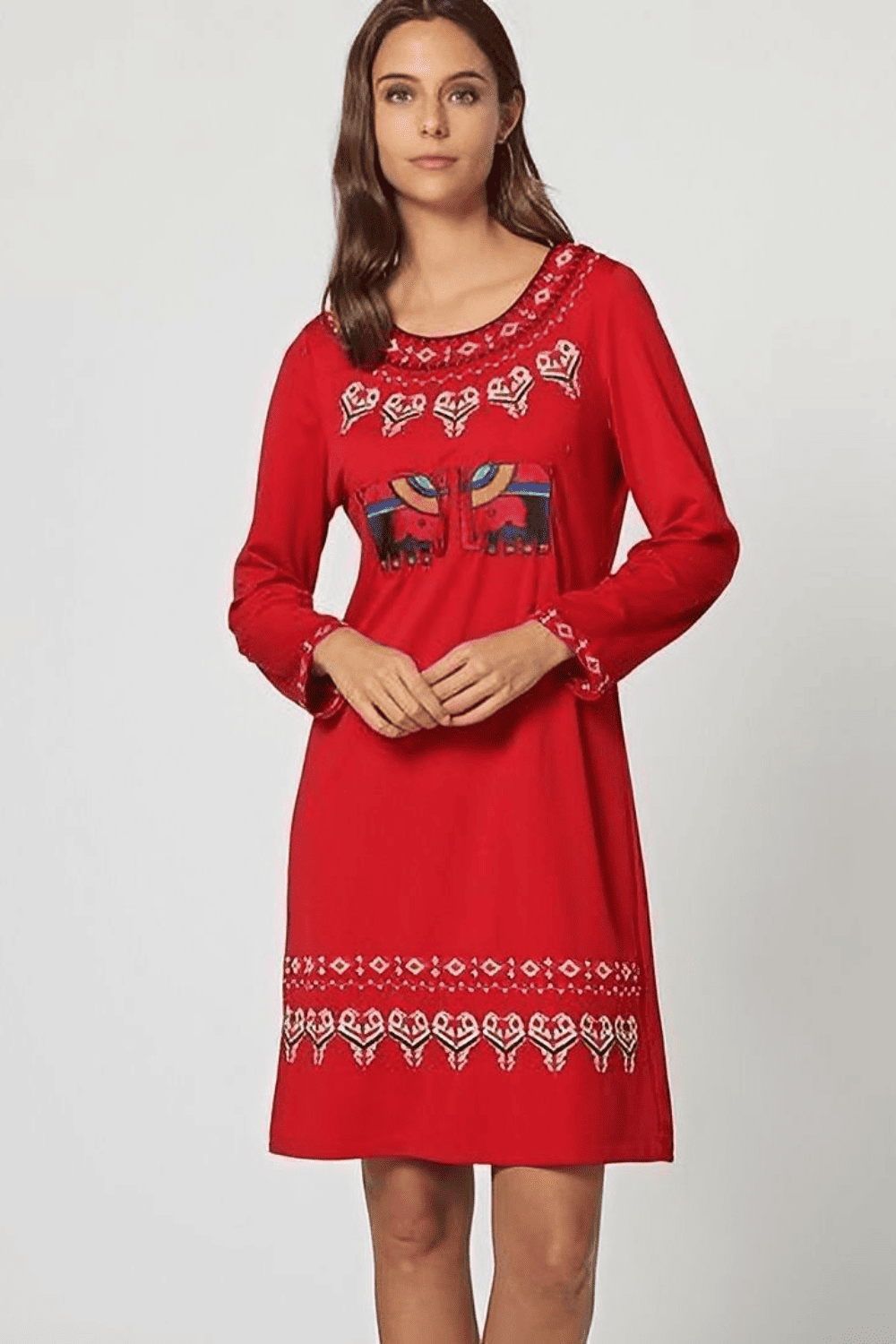 Vestido boho casual mujer bordado estilo étnico, dress manga larga cuello redondo, corte recto, tela suave, color rojo vibrante, talla 38, look versátil y sofisticado, ideal eventos y salidas ✅Entrega 24/48h