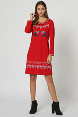 Vestido boho casual mujer bordado estilo étnico, dress manga larga cuello redondo, corte recto, tela suave, color rojo vibrante, talla 38, look versátil y sofisticado, ideal eventos y salidas ✅Entrega 24/48h
