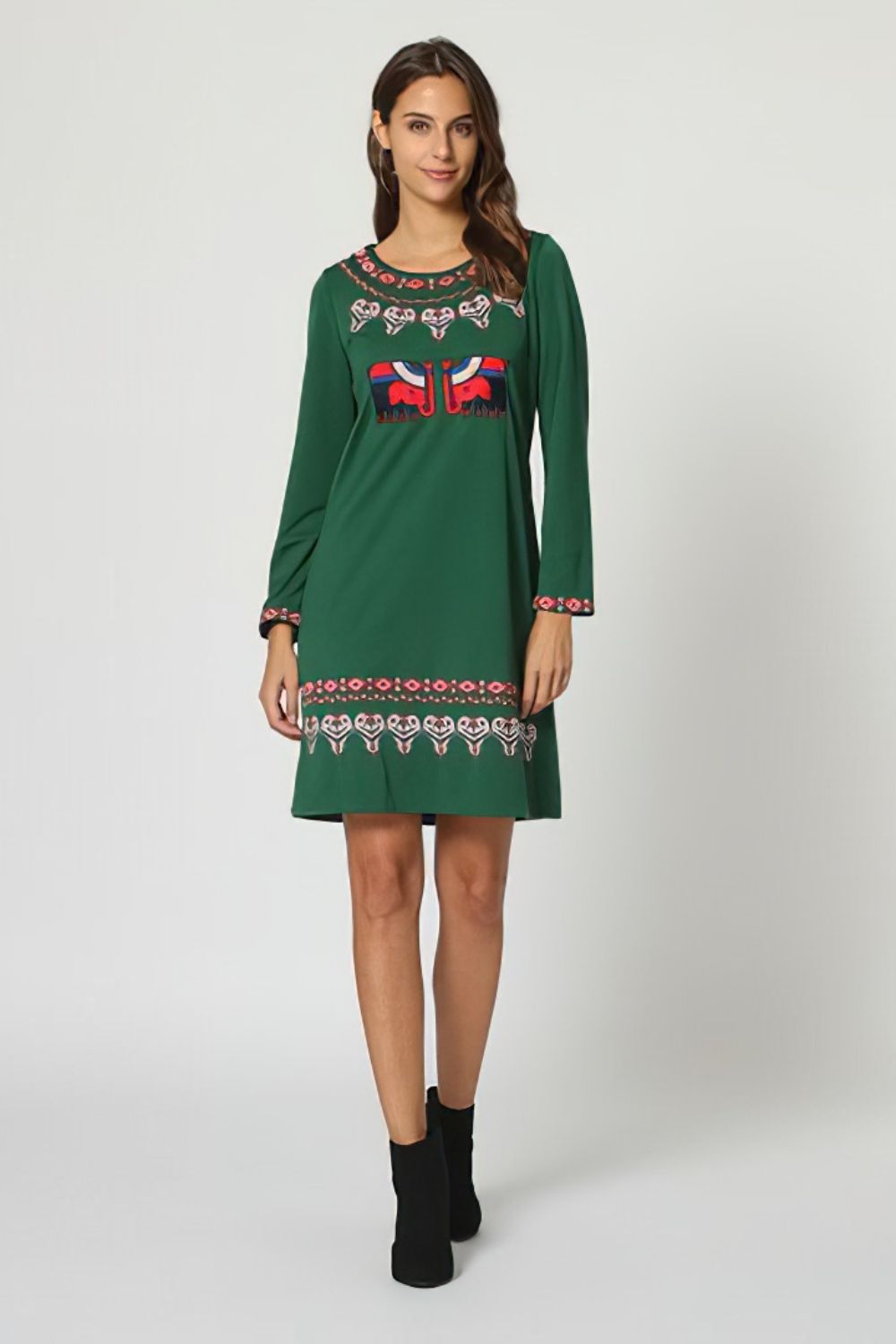 Vestido corto mujer boho, dress étnico bordado, manga larga, tejido suave, diseño recto, verde, talla 38, cómodo y versátil para eventos, oficina o casual ✅Entrega 24/48h