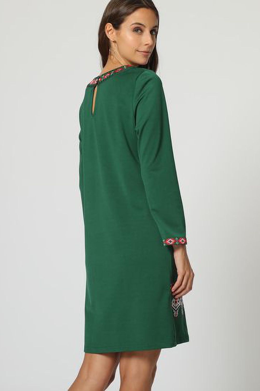 Vestido corto mujer boho, dress étnico bordado, manga larga, tejido suave, diseño recto, verde, talla 38, cómodo y versátil para eventos, oficina o casual ✅Entrega 24/48h