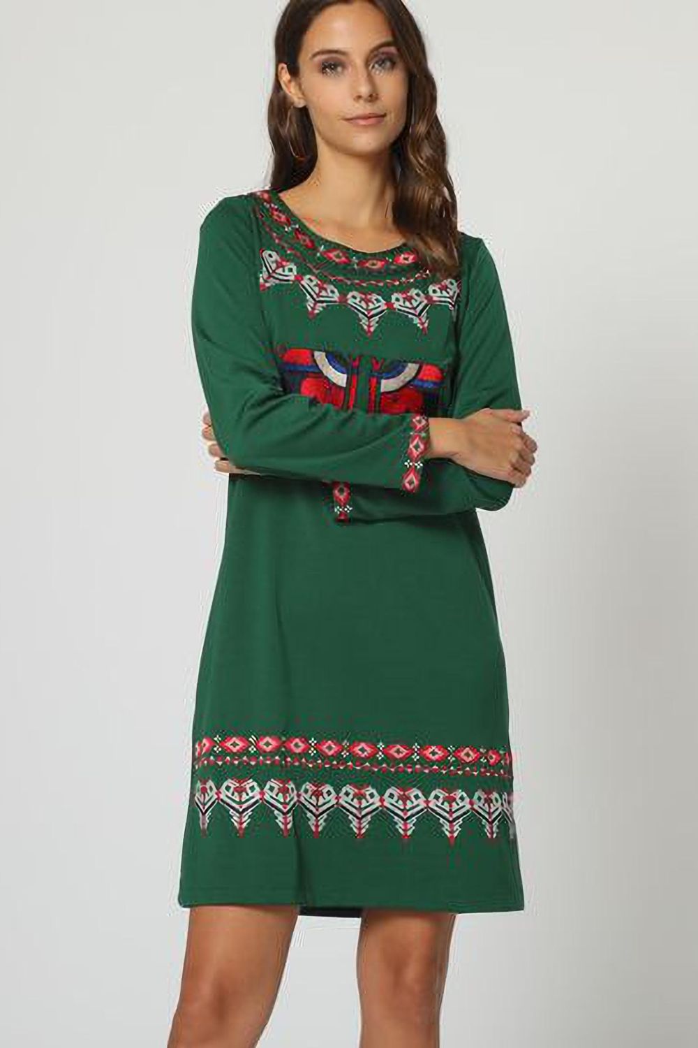 Vestido corto mujer boho, dress étnico bordado, manga larga, tejido suave, diseño recto, verde, talla 38, cómodo y versátil para eventos, oficina o casual ✅Entrega 24/48h