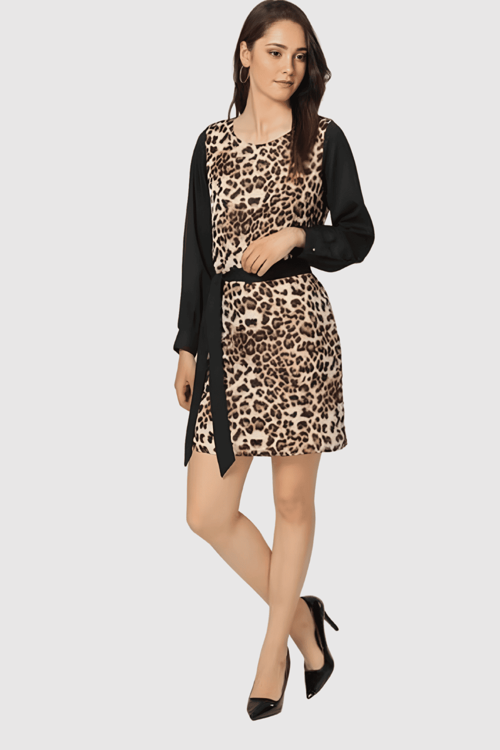 Vestido animal print mujer, dress corto manga larga lisa, cinturón extraíble, forro integrado, estilo casual elegante, cómodo y versátil, beige/negro, talla 38 ✅Entrega 24/48h