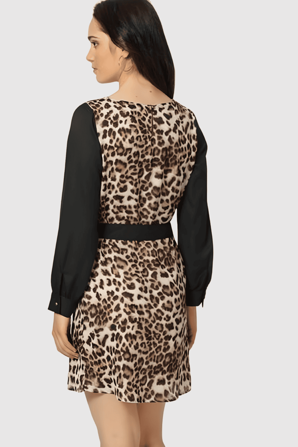 Vestido animal print mujer, dress corto manga larga lisa, cinturón extraíble, forro integrado, estilo casual elegante, cómodo y versátil, beige/negro, talla 38 ✅Entrega 24/48h