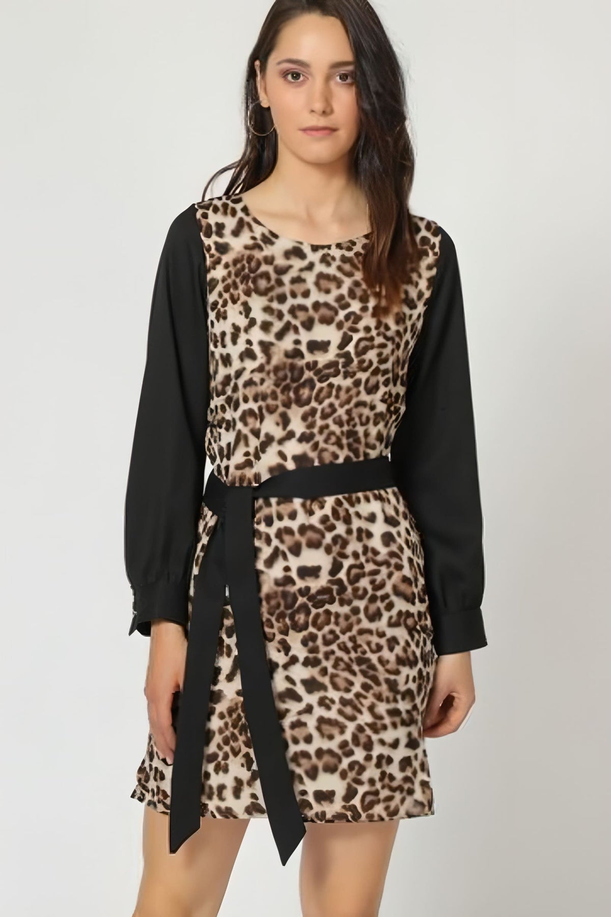 Vestido animal print mujer, dress corto manga larga lisa, cinturón extraíble, forro integrado, estilo casual elegante, cómodo y versátil, beige/negro, talla 38 ✅Entrega 24/48h