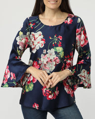 Blusa satén mujer, camisa floral, manga francesa acampanada, cuello redondo, elegante casual, azul marino flores rosas, talla 38, tejido suave brillante, estilo moderno ✅Entrega 24/48h