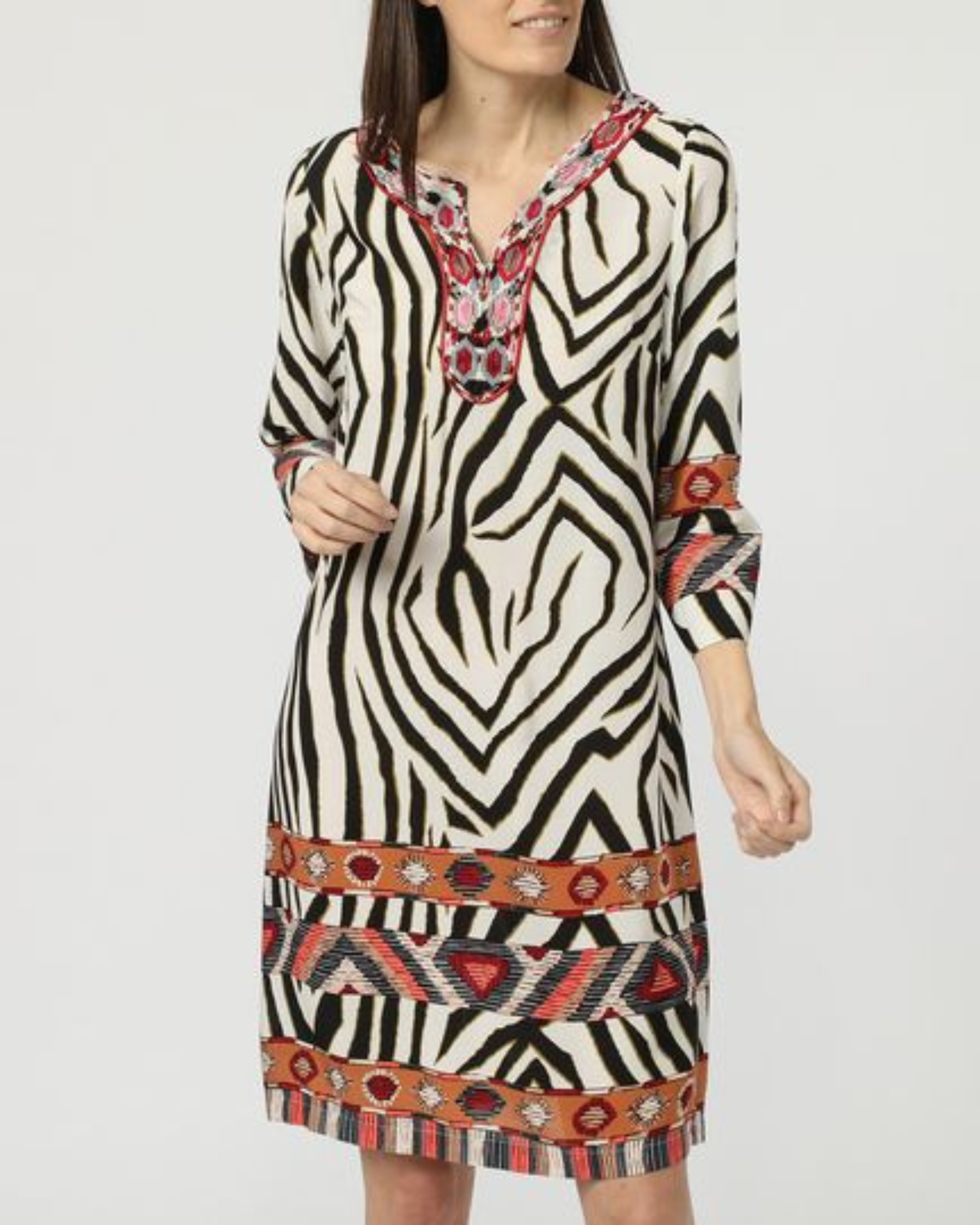 Vestido mujer, dress, outfit estampado cebra multicolor, cuello tunecino, manga tres cuartos, tejido ligero, corte recto, cómodo, versátil, elegante, talla 38, moda casual, estilo único ✅Entrega 24/48h