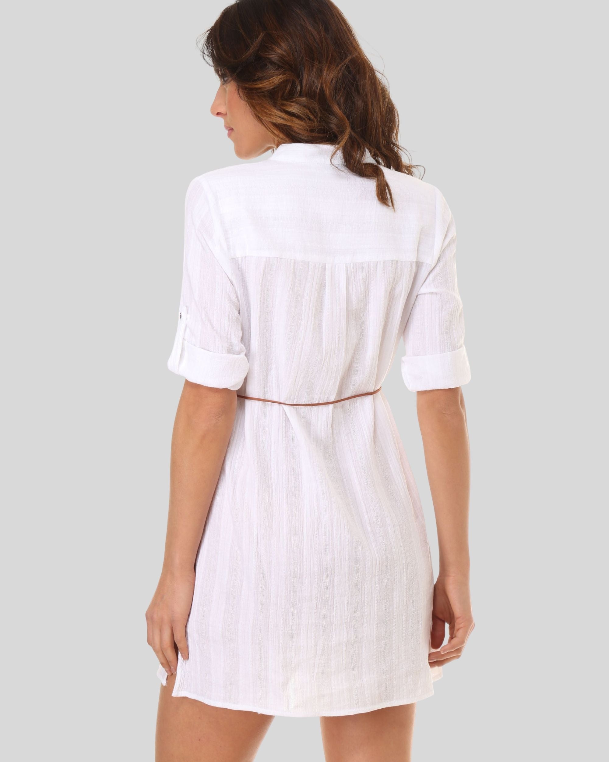 Vestido corto mujer, dress, outfit, modelo gasa cuello tunecino manga 3/4, cinturón ajustable, aberturas laterales, ideal casual elegante, color blanco, talla 38, cómodo versátil ligero ✅Entrega 24/48h