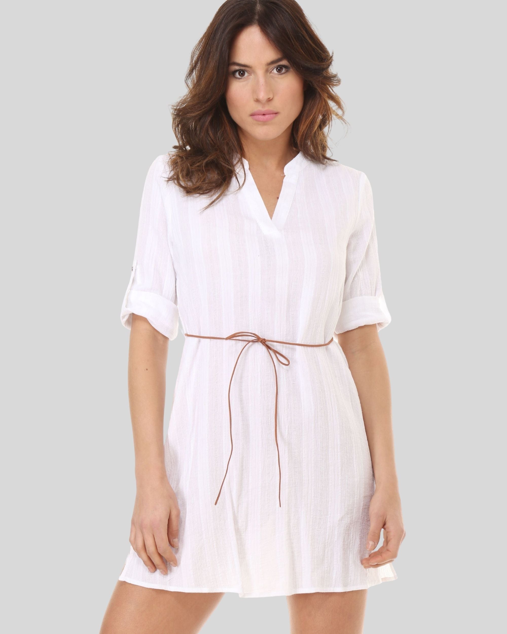 Vestido corto mujer, dress, outfit, modelo gasa cuello tunecino manga 3/4, cinturón ajustable, aberturas laterales, ideal casual elegante, color blanco, talla 38, cómodo versátil ligero ✅Entrega 24/48h